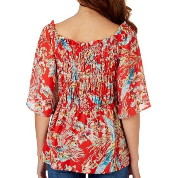 STATUS BY CHENAULT  Off The Shoulder Smocked Tropical Print Top - NWT - Small - Picture 2 of 3